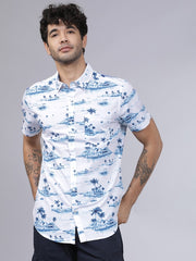Men White & Blue Slim Fit Printed Casual Shirt