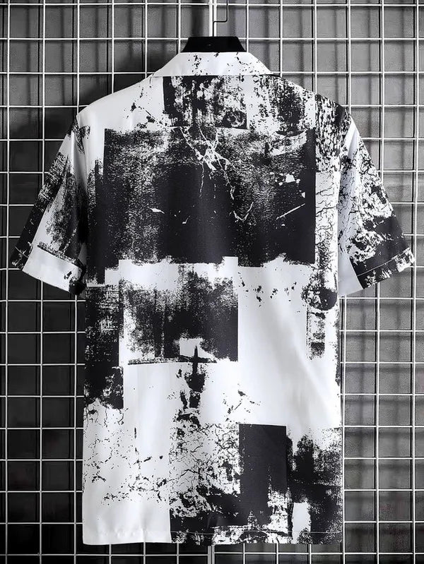 "Black and White Abstract Print Short-Sleeved Shirt "
